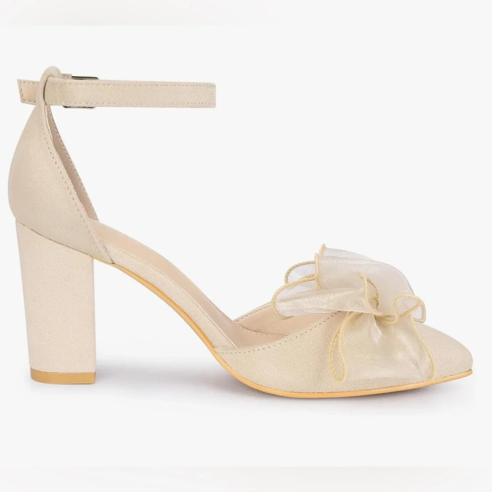 Allegra K Cream Block Heel Shoes with Sheer Bow